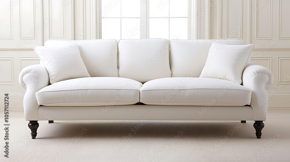 Fototapeta premium Elegant white sofa in bright room with large windows perfect for modern living spaces and cozy interiors