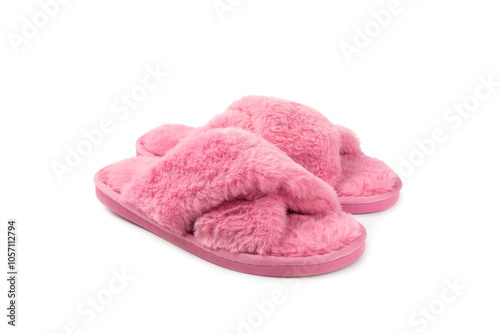Soft slippers isolated on white background. Home slippers. Comfortable shoes for home. Foot care concept. Home comfort. Space for text. Copy space.