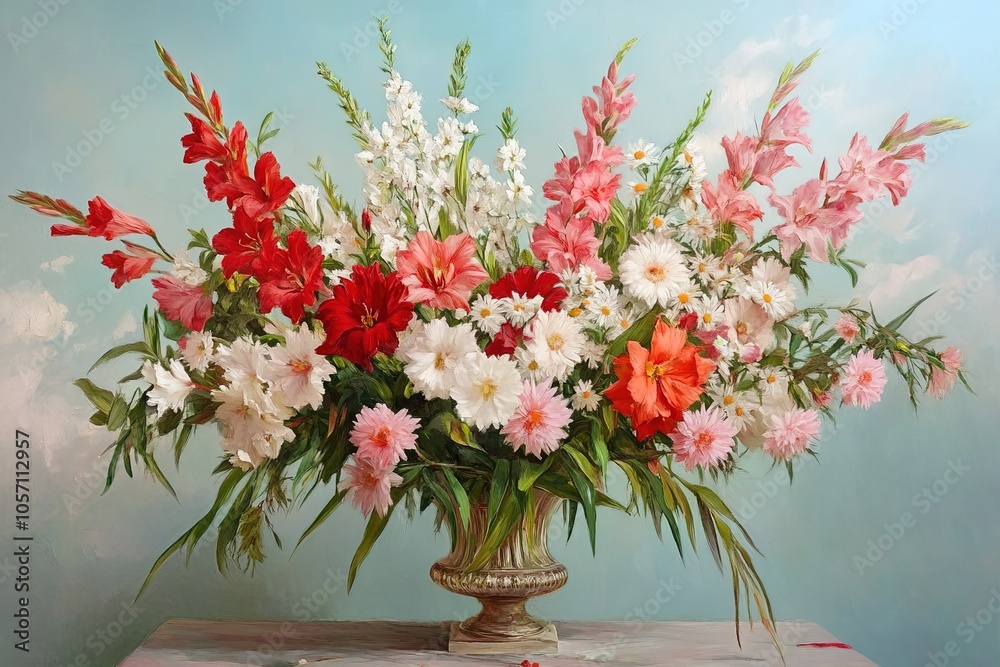 A vase of flowers with red and white daisies, pink gladioli, and green chrysanthemums.