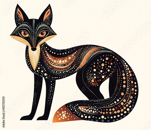 Black vector simple folk art fox, clipart on white background, folk-style drawing