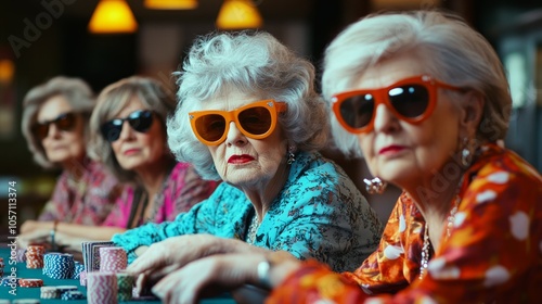 a group of cool and chic old ladies playing poker around a table full of fiches, sunglasses, colorful