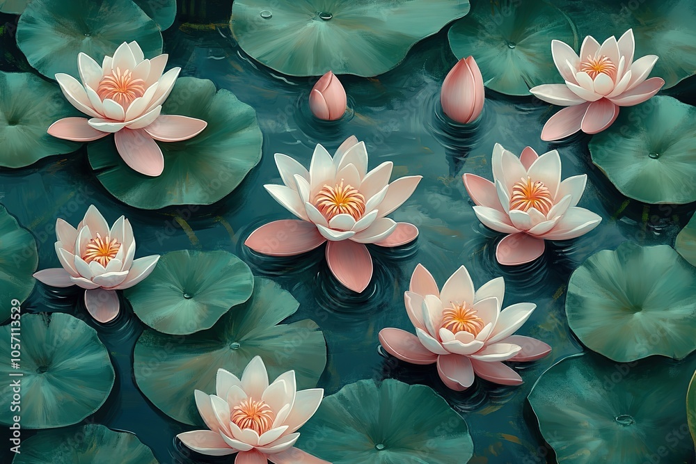 Water lilies and lotus flowers float on the water, with green leaves floating in it Water lilies and lotus flowers float on the water, with green leaves floating in it