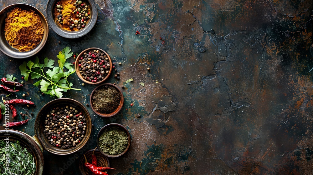 Eclectic mix of global spices and herbs on an earthenware surface, seen from above, with ample space for text