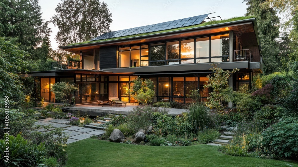 Modern house with green roof and solar panels, illuminated at dusk. The house has a large patio overlooking a lush garden with flowers, trees, and a stone path. Modern house with green roof and solar panels, illuminated at dusk. The house has a large patio overlooking a lush garden with flowers, trees, and a stone path.