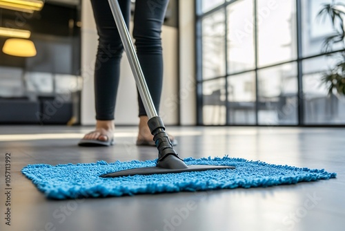 Wallpaper Mural A janitor mops the floor of a modern building during the day in a clean and bright environment Torontodigital.ca