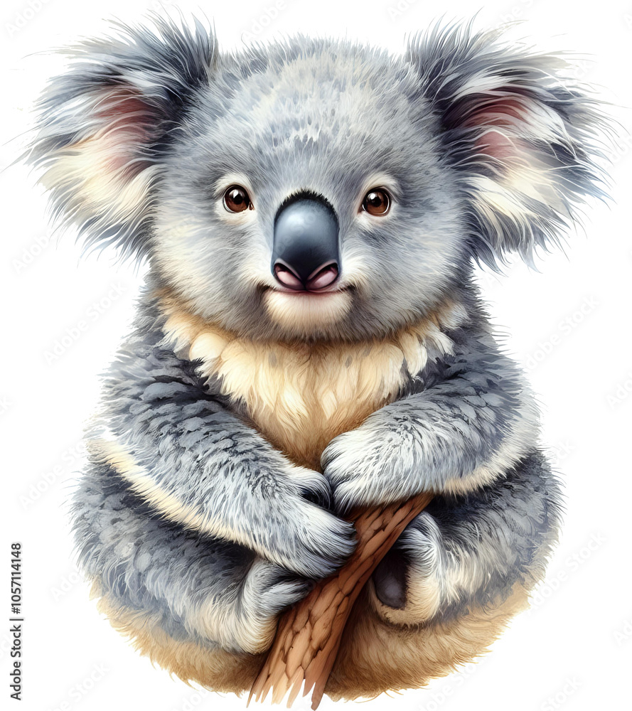 Obraz premium Koala Resting on Branch with Green Leaves and Berries on Transparent background 