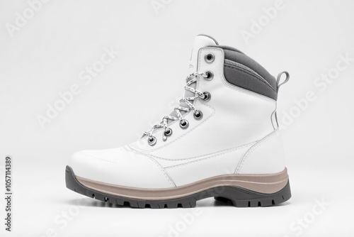 Mockup of durable hiking boots on a white background, designed for rugged outdoor terrain. Ideal for showcasing boot design, branding, and outdoor gear promotion with a clean, professional look