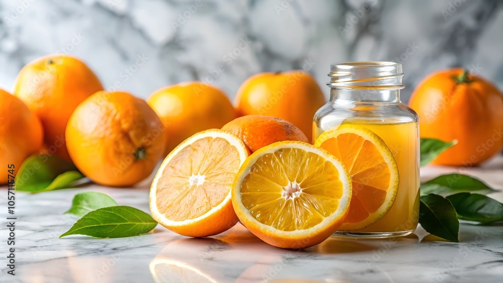 Fresh citrus and essential oil bottle on marble surface Fresh citrus and essential oil bottle on marble surface