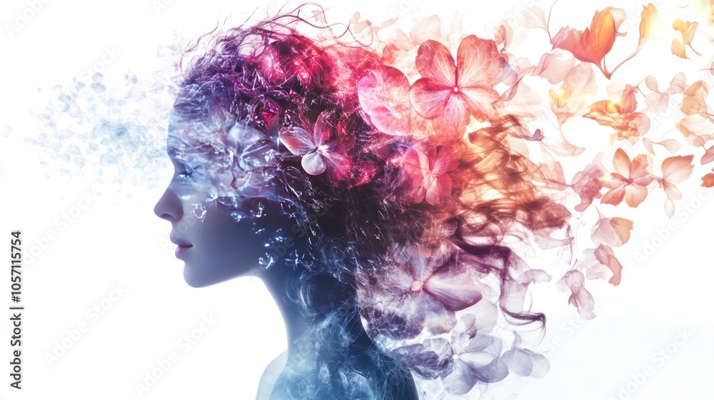 A captivating image of a woman enveloped in a cloud of luminous quantum flowers, each flower A captivating image of a woman enveloped in a cloud of luminous quantum flowers, each flower