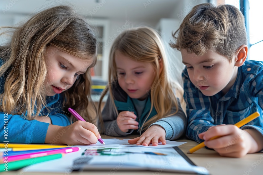 Parent and two children doing homework together in a bright room Parent and two children doing homework together in a bright room