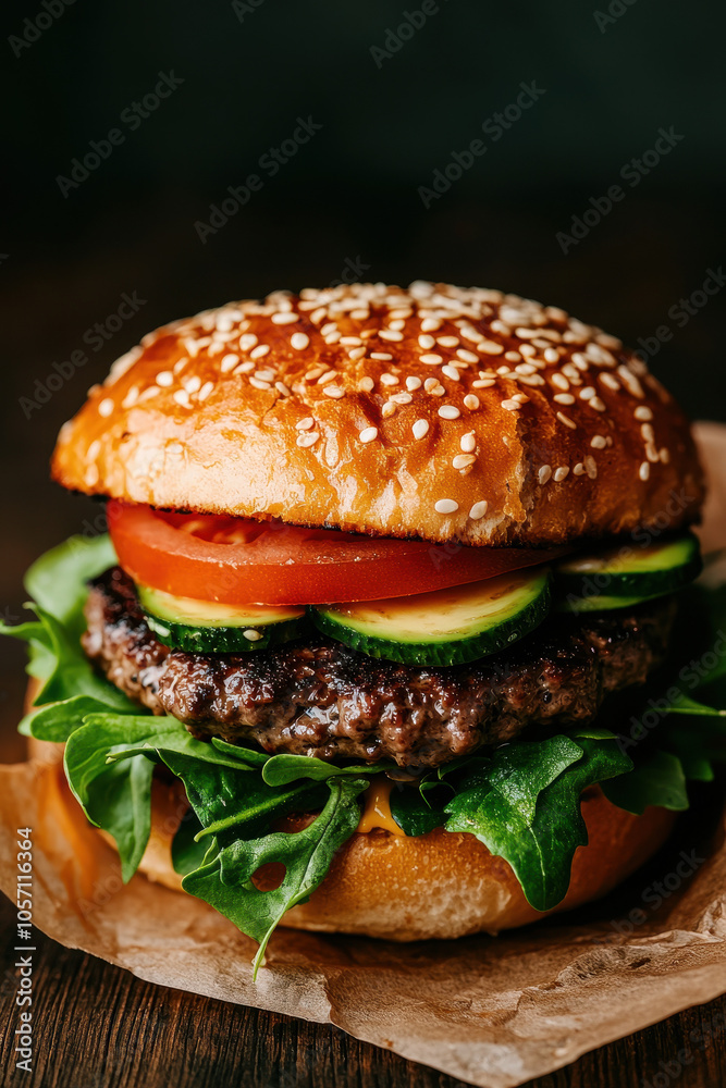 Gourmet Burger with Fresh Ingredients and Sesame Bun Delight Gourmet Burger with Fresh Ingredients and Sesame Bun Delight