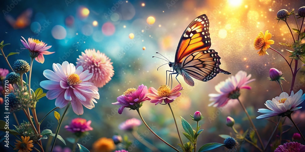 Macro Photography of Delicate Flower with Butterflies and Soft Light Effects for Nature Lovers