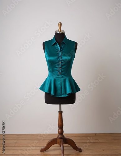 Elegant teal satin peplum top displayed on a mannequin against a neutral background. photo