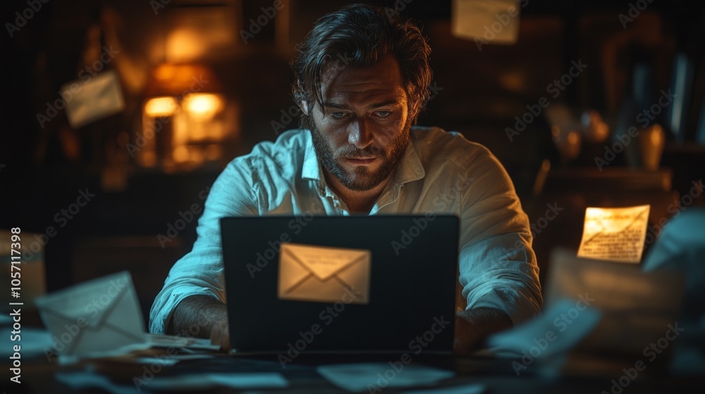 A man is sitting at a desk with a laptop open A man is sitting at a desk with a laptop open