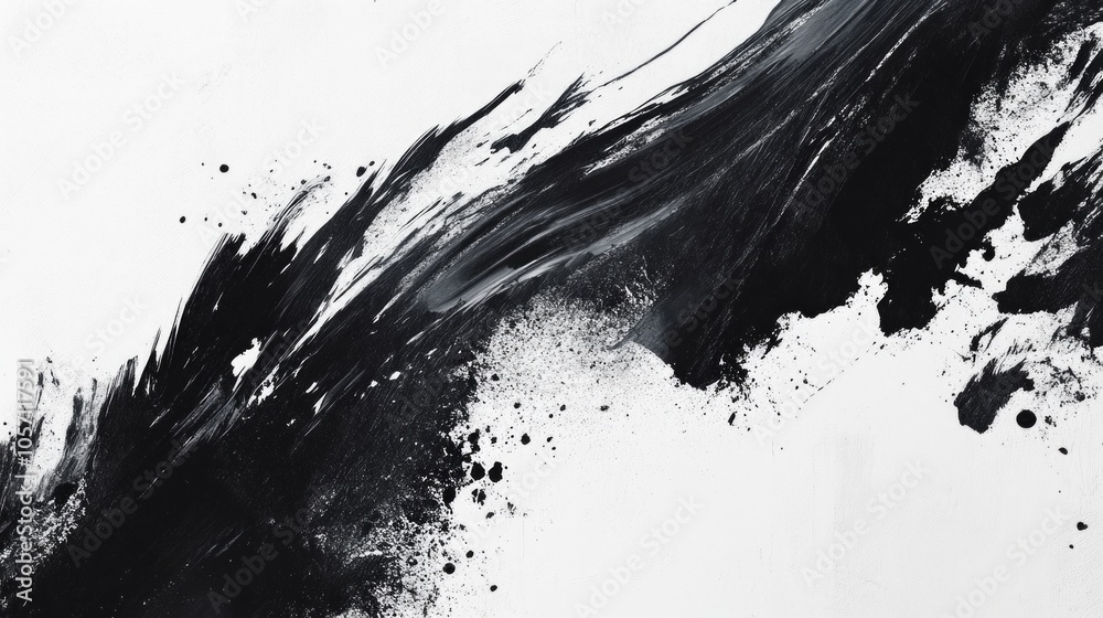A black and white painting of a wave with splatters of paint A black and white painting of a wave with splatters of paint