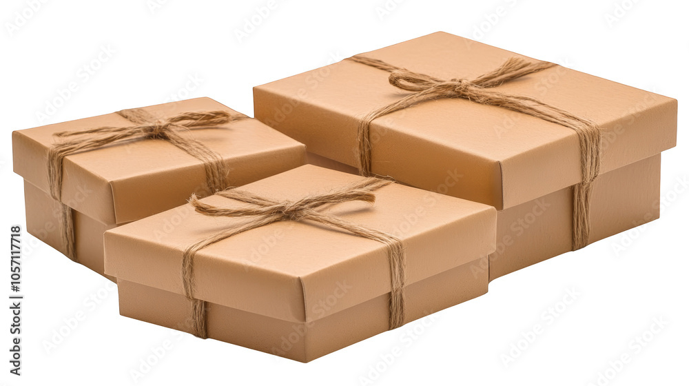 Fototapeta premium Three rustic brown gift boxes wrapped with twine, perfect for birthdays, holidays or special occasions