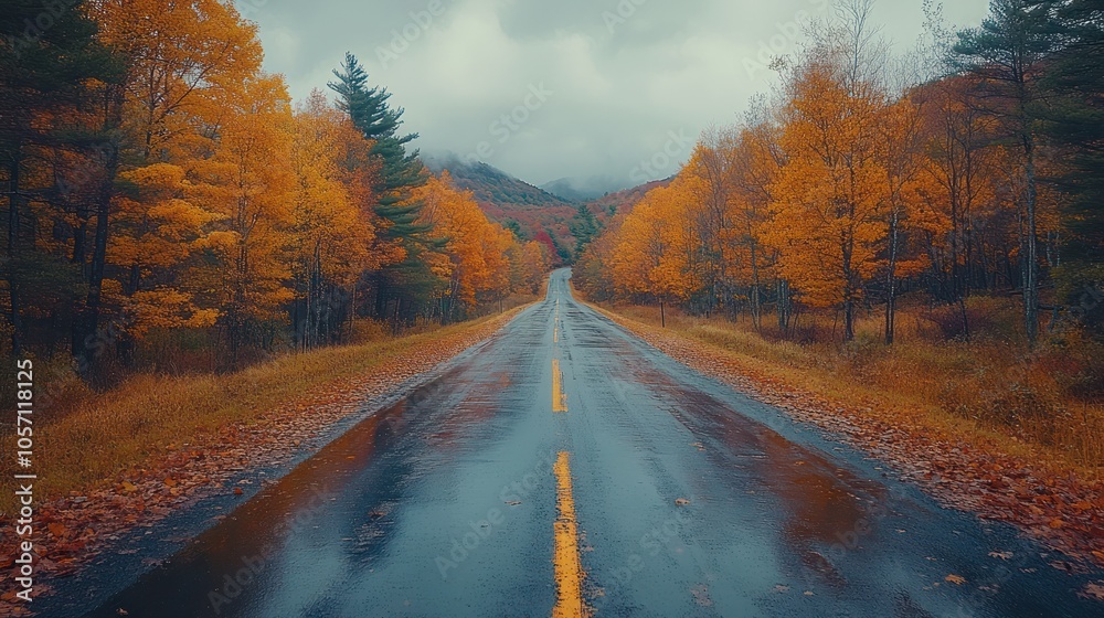 A long, winding road through a forest in autumn, with yellow leaves on the trees and the road wet from rain. A long, winding road through a forest in autumn, with yellow leaves on the trees and the road wet from rain.