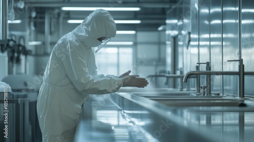 A man in a white lab coat is washing his hands at a sink