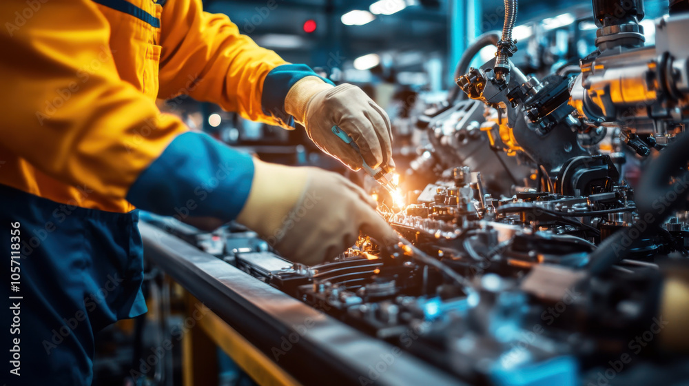 technician in yellow and blue uniform is working on machinery, using tools to fix equipment on production line, showcasing precision and focus in busy industrial environment technician in yellow and blue uniform is working on machinery, using tools to fix equipment on production line, showcasing precision and focus in busy industrial environment