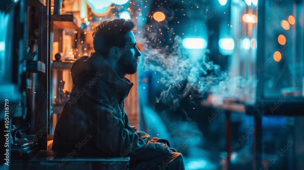 Fototapeta premium Man exhaling vapor in urban neon-lit setting at night