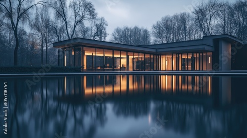 Modern house with a pool in the evening.