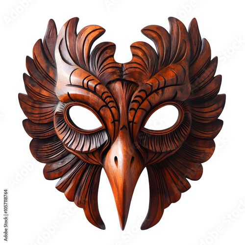 Intricately Carved Wooden Bird Mask with Feather Details and Elegant Design photo