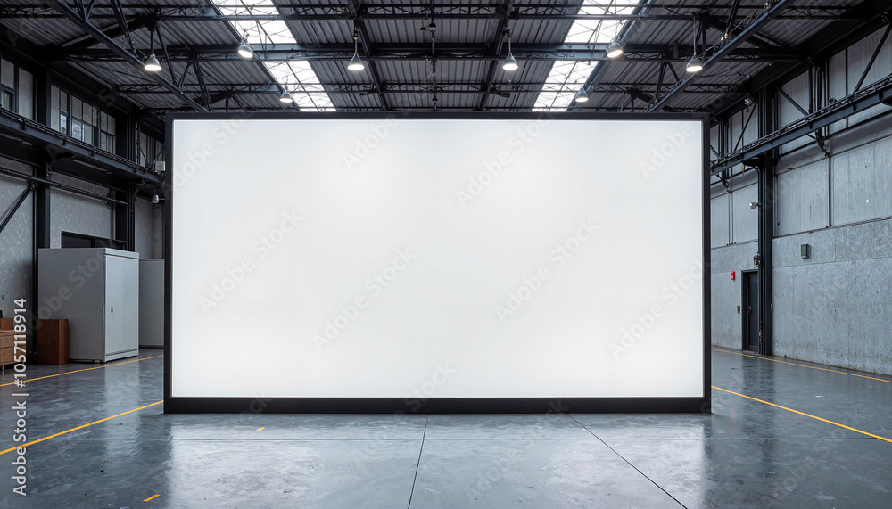 street banner mockup PSD. Empty billboard in an industrial warehouse with high ceilings and open space street banner mockup PSD. Empty billboard in an industrial warehouse with high ceilings and open space