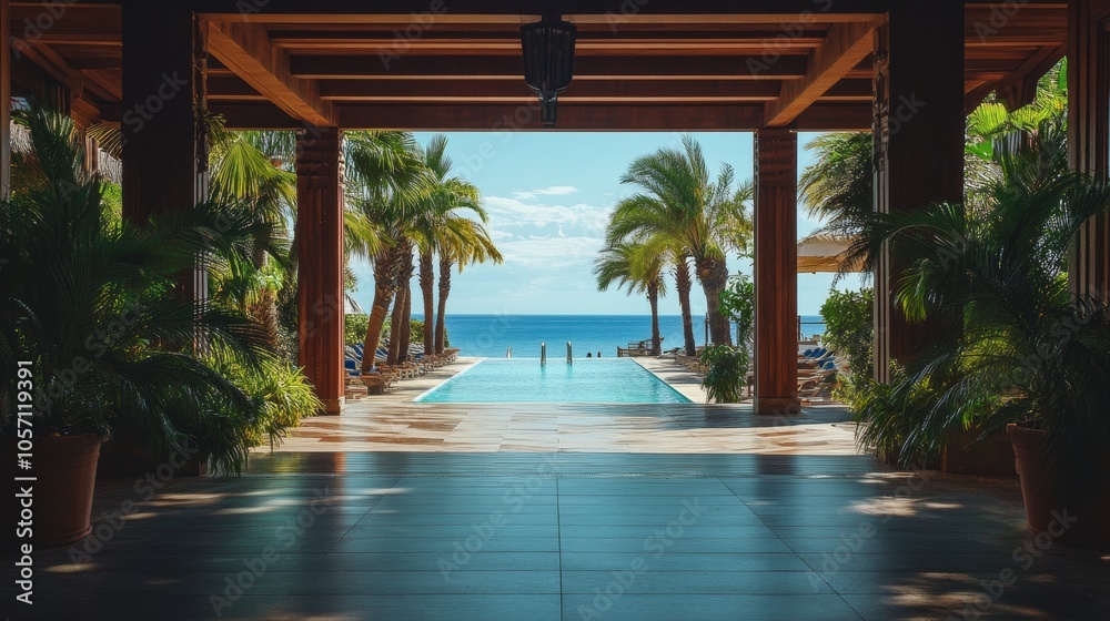Fototapeta premium Elegant hotel entrance showcasing a picturesque pool and breathtaking ocean view in the background