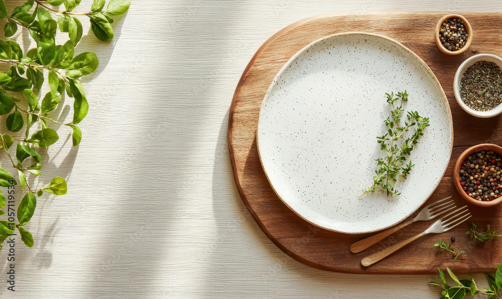 Elegant Culinary Setup: Rustic Plate with Fresh Herbs and Spices on Wooden Board Elegant Culinary Setup: Rustic Plate with Fresh Herbs and Spices on Wooden Board