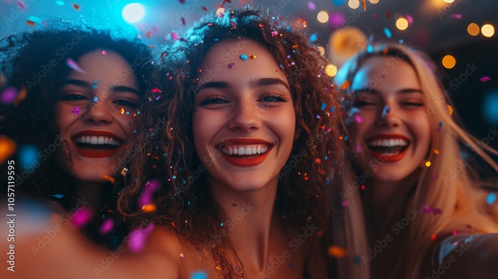 Three women are smiling and laughing while being covered in confetti Three women are smiling and laughing while being covered in confetti