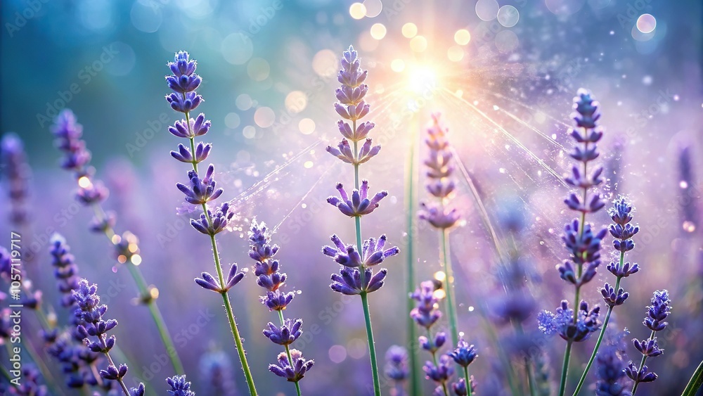 Naklejka premium Softly glowing lavender mist surrounds a delicate wildflower blooming in the morning dew, petals, soft, blossoms, wildflower