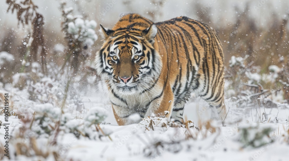 Obraz premium Close-up of an Amur tiger on the prowl, muscles tense and eyes alert, as it navigates through the snowy terrain