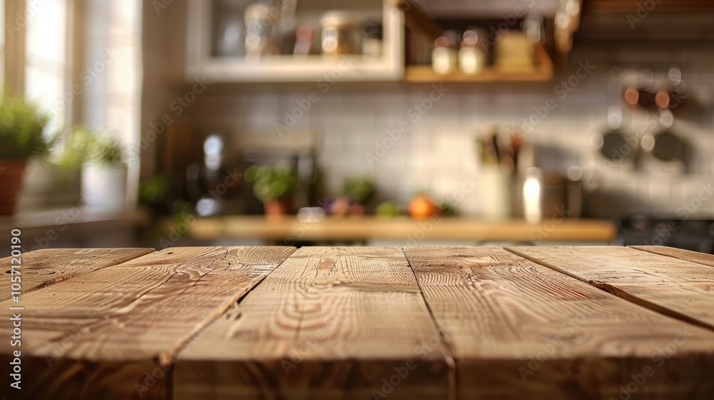 Wooden table with blurry kitchen interior background Wooden table with blurry kitchen interior background