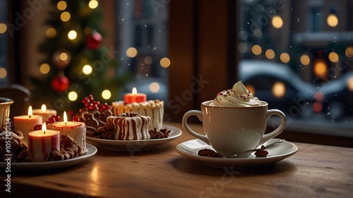 Christmas Hot Cocoa with Cinnamon and Gingerbread in a Festive Setting, Architectural design using natural materials for sustainability. Coffee shop. Hotel. Lobby. Business. Eco friendly.