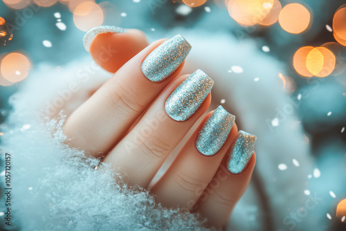 Sparkling winter-themed manicure for christmas holiday celebrations