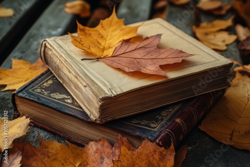 Two vintage books rest on a wooden surface, adorned with a vibrant autumn leaf. Surrounding them are scattered orange and brown leaves, creating a peaceful fall atmosphere photo