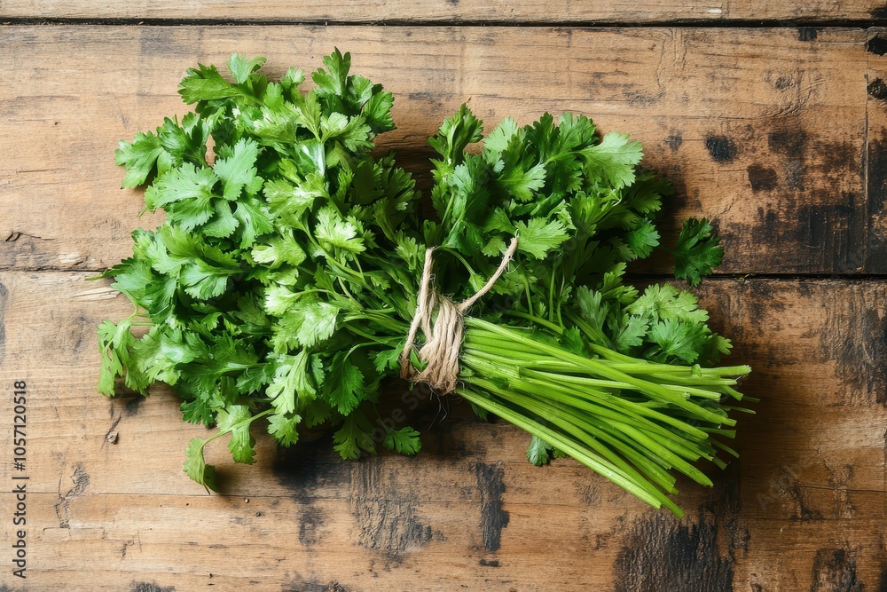 Fresh bunch of cilantro tied with twine on a rustic wooden table. Fresh bunch of cilantro tied with twine on a rustic wooden table.