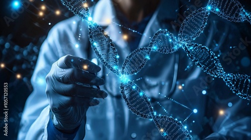 Close-up of a scientist reviewing genetic test data on a high-tech interface in a lab. Realistic photo style, industrial quality.