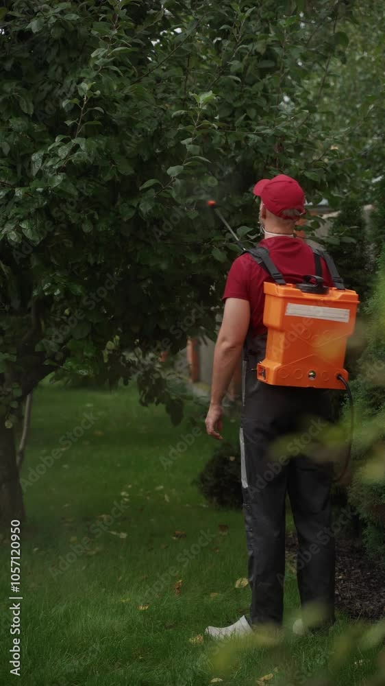 Gardener spraying trees in a garden with a backpack sprayer applies pesticide for effective pest control. The scene captures a professional maintaining healthy foliage and plants
