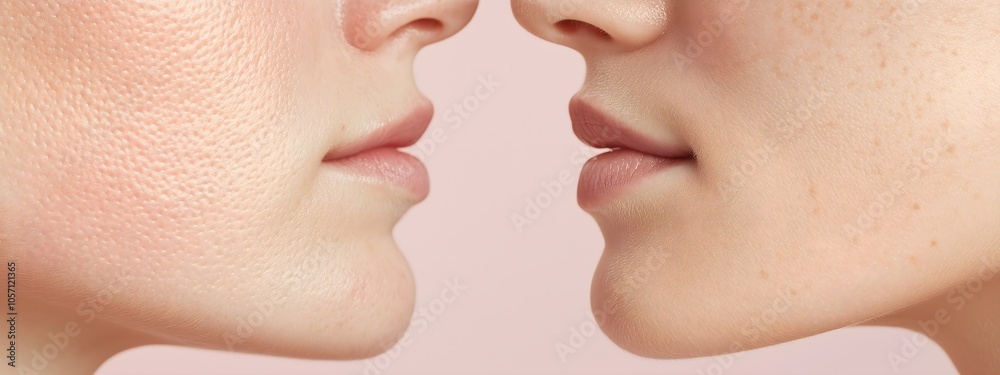 Obraz premium Before and after comparison of woman lips and skin for beauty treatment and cosmetology concept, minimalistic aesthetic composition