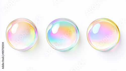 set of 3d circle shape iridescent holographic bubble with gradient color pastel elements design, isolated on white background