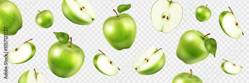 Falling apple fruit 3D realistic, whole and pieces on transparent background with seeds and green leaves. Banner mockup.