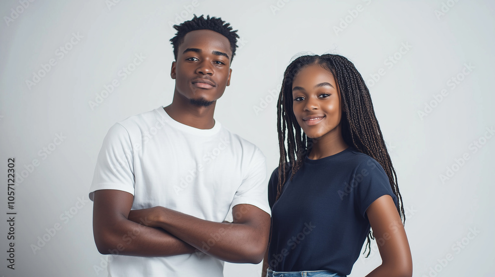Young black couple posing in casual outfits for a clothing line. College students with small smiles, showcasing contemporary fashion styles against a white background. Young black couple posing in casual outfits for a clothing line. College students with small smiles, showcasing contemporary fashion styles against a white background.