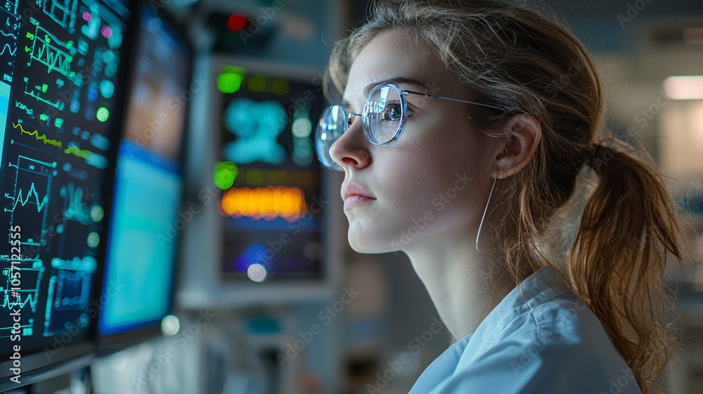 Close-up of a medical researcher using advanced technology to monitor health data in a hospital setting. DSLR shot, realistic style. Close-up of a medical researcher using advanced technology to monitor health data in a hospital setting. DSLR shot, realistic style.