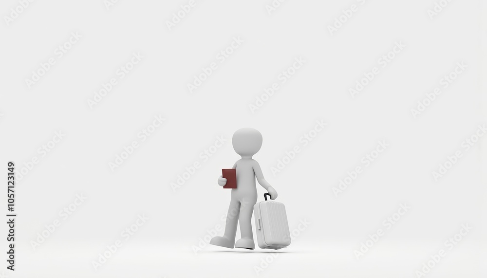 3D stick figure traveler with passport and suitcase, ideal for international travel visuals, branding, and copy space for travel tips 3D stick figure traveler with passport and suitcase, ideal for international travel visuals, branding, and copy space for travel tips
