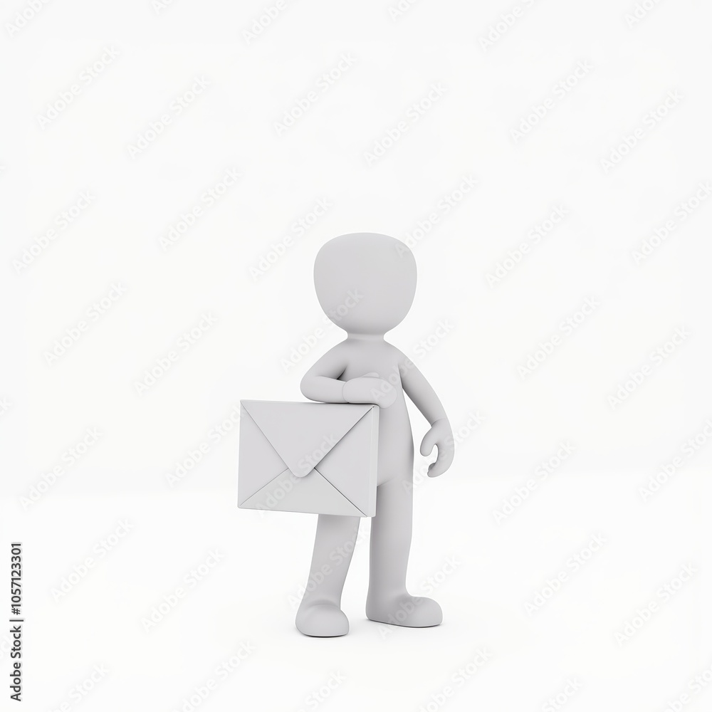3D stick figure character holding mail with copy space for communication themes 3D stick figure character holding mail with copy space for communication themes