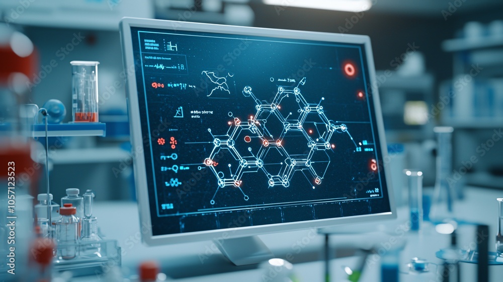 3D-rendered display of molecular structures on a futuristic health interface in a lab, symbolizing genetic analysis. Industrial and symbolic.
