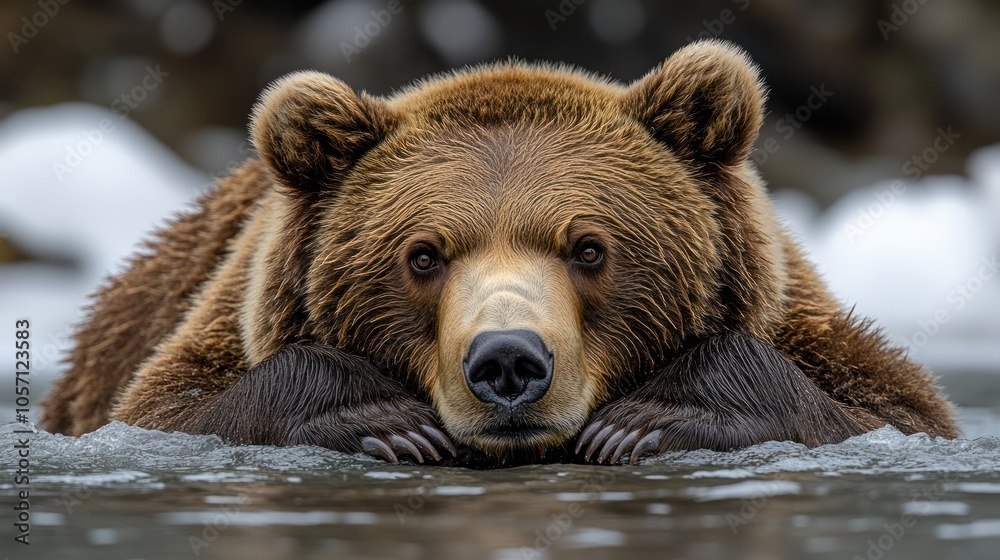A large brown bear with a serious expression stares directly at the camera while resting its paws on the edge of a frozen stream. A large brown bear with a serious expression stares directly at the camera while resting its paws on the edge of a frozen stream.