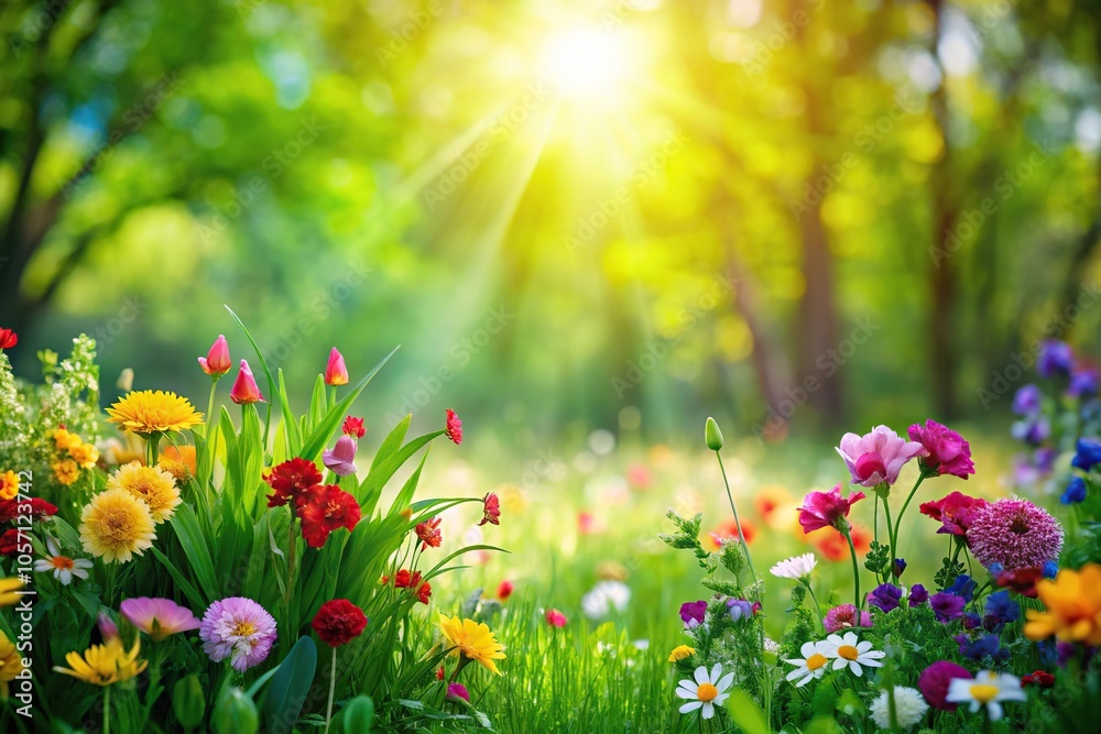 Vibrant green grass and colorful flowers blooming in the warm sunlight amidst lush foliage, flower field, outdoor scenery, seasonal change, greenery, plant life Vibrant green grass and colorful flowers blooming in the warm sunlight amidst lush foliage, flower field, outdoor scenery, seasonal change, greenery, plant life