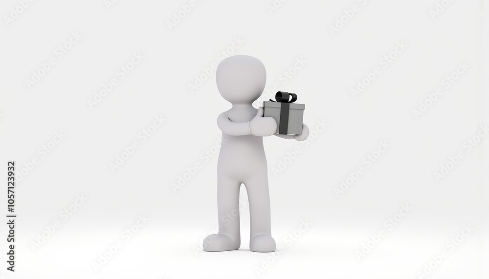 3D stick figure character, minimalist and glossy, holding gift box for special occasions with copy space